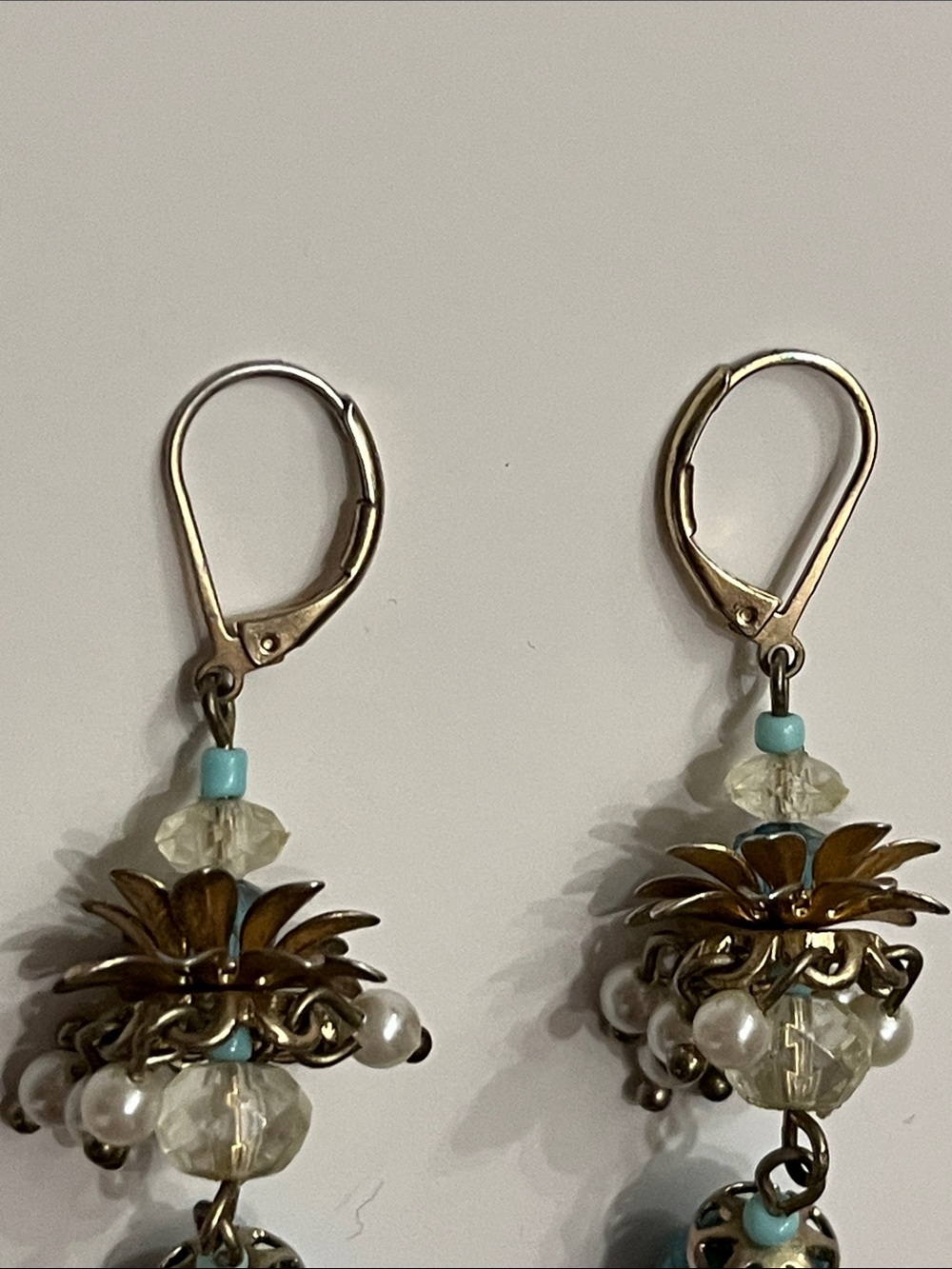 Talbots Turquoise Cluster Drop Earrings with Faux Pearls and Crystal Beads - Picture 9 of 12